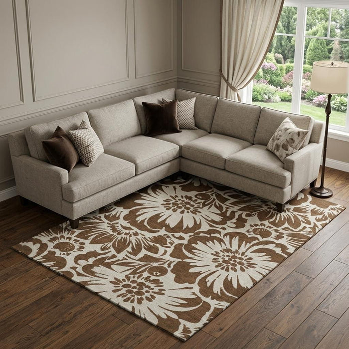 10' X 14' Floral Washable Area Rug With UV Protection (648628) - Brown / Ivory