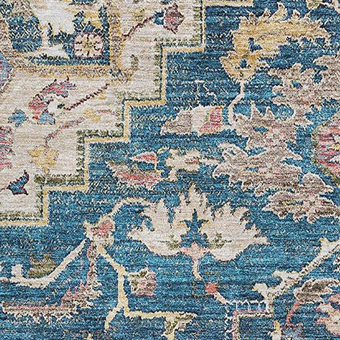 10' X 14' Floral Medallion Washable Area Rug With UV Protection - Blue