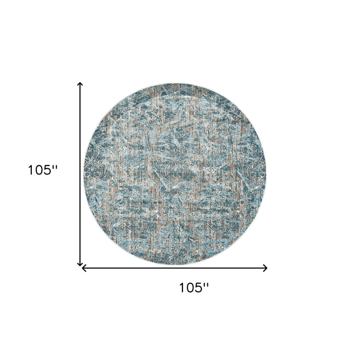 9' Abstract Power Loom Worn Faded Round Rug - Blue Taupe And Ivory