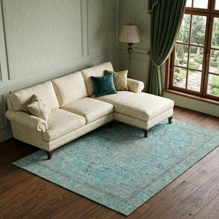 10' X 14' Floral Medallion Washable Area Rug With UV Protection (696098) - Aqua / Gray