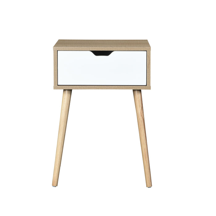 Giga mid-century modern white and wood side table with one drawer, accent nightstand for bedroom storage.