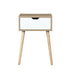 Giga mid-century modern white and wood side table with one drawer, accent nightstand for bedroom storage.