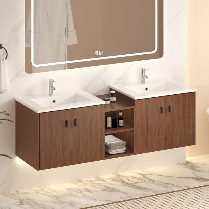 Giga soft-close bathroom vanity with small storage shelves, 24" and 12" combination cabinet in reddish brown finish