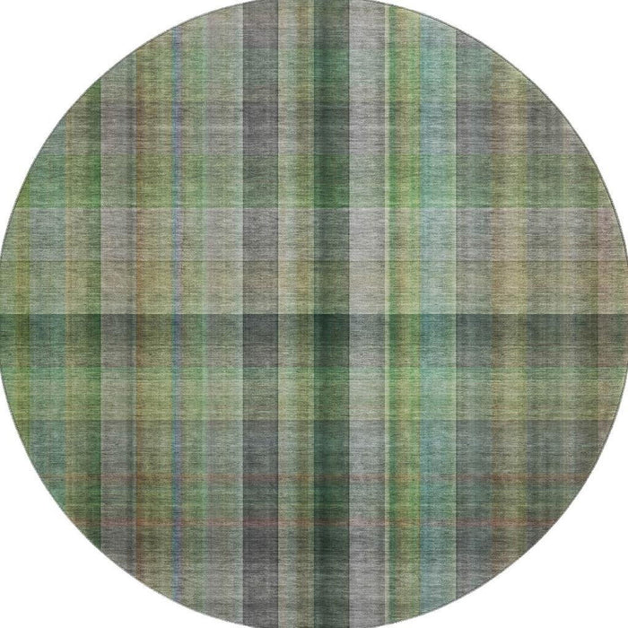 8' Plaid Washable Round Rug With UV Protection (648505) - Green / Gray