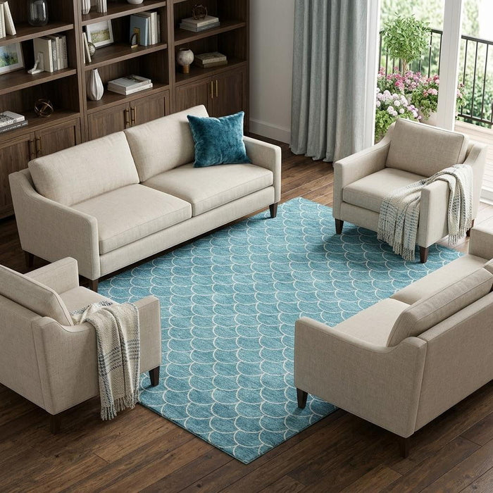 10' X 14' Geometric Washable Area Rug With UV Protection (674197) - Teal / Ivory