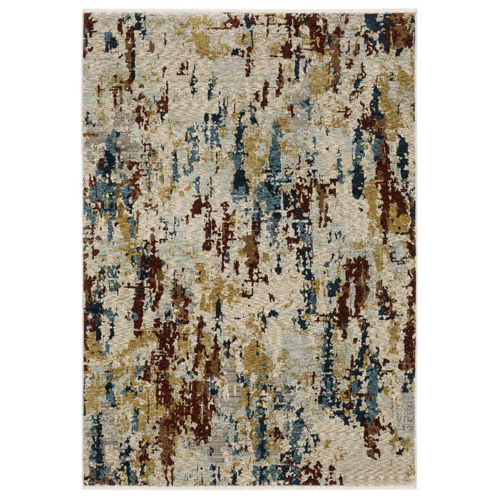 7' X 10' Abstract Distressed Area Rug With Fringe - Beige And Light Blue