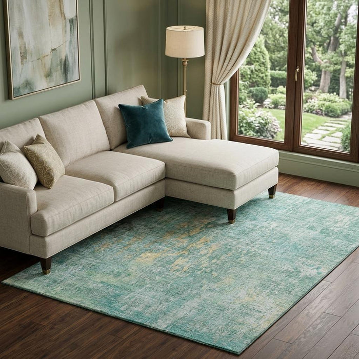 10' X 14' Abstract Washable Area Rug With UV Protection (692286) - Teal / Gold