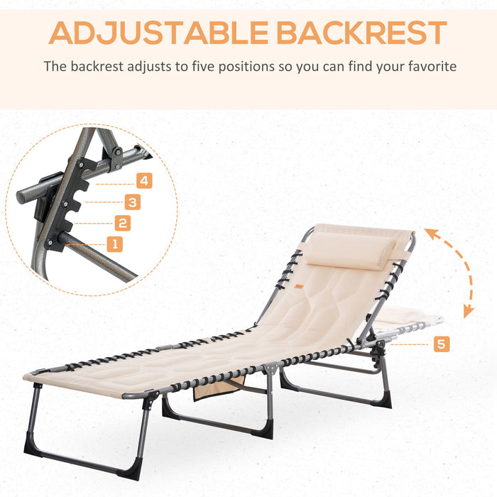 Giga Outsunny beige padded folding lounge chair with 6-level recline and headrest, ideal for outdoor beach, yard, or poolside relaxation.