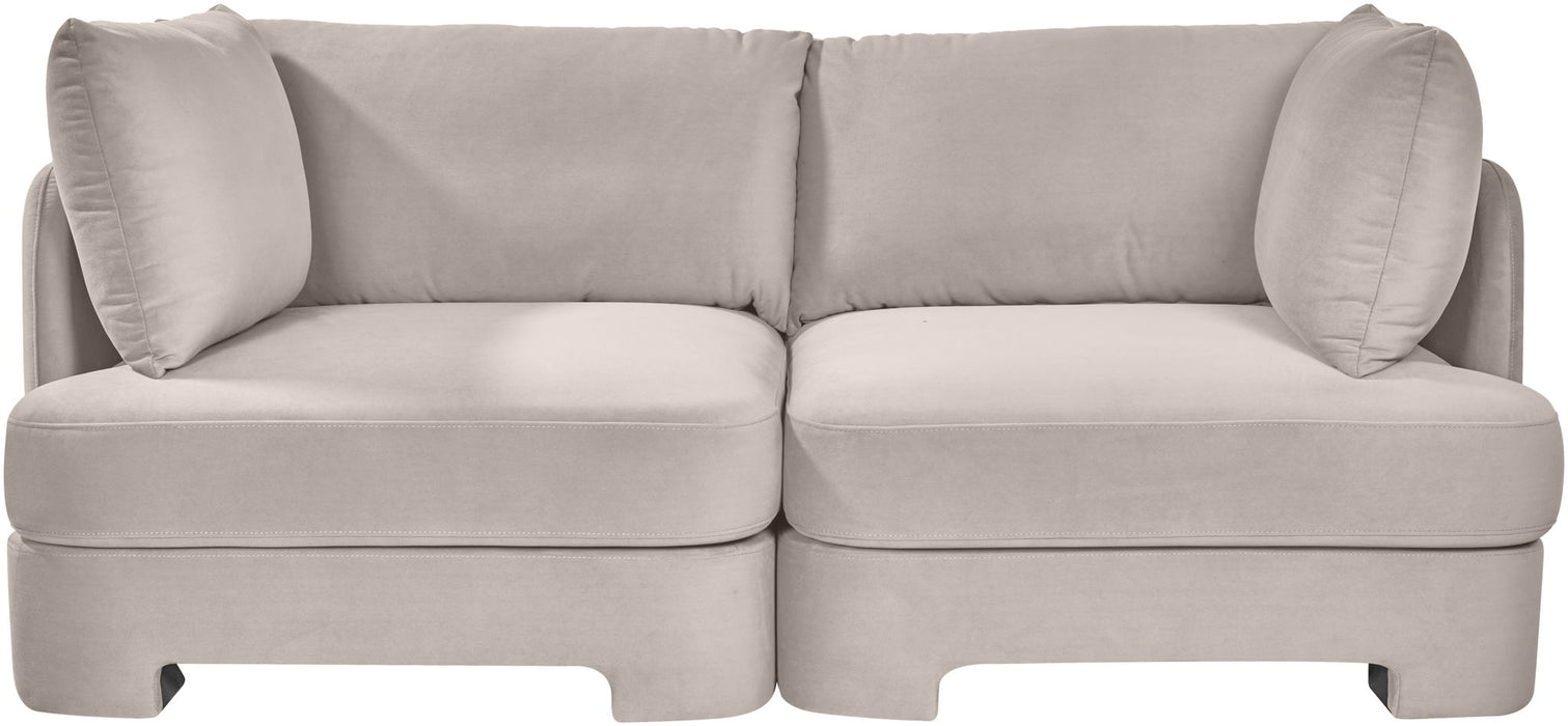 Meridian Furniture velvet performance fabric upholstered 2-piece loveseat sectional with plush cushions and sleek design.