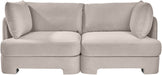 Meridian Furniture velvet performance fabric upholstered 2-piece loveseat sectional with plush cushions and sleek design.