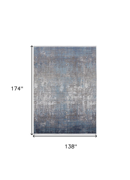12' x 15' Abstract Power Loom Distressed Area Rug With Fringe - Blue Gray And Silver