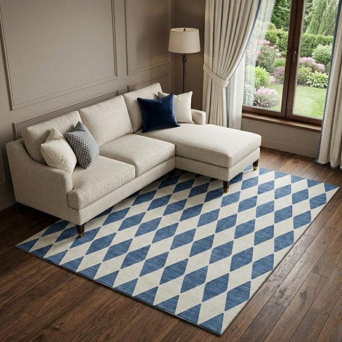 8' X 10' Diamond Washable Area Rug With UV Protection (650072) - Navy Blue / Ivory