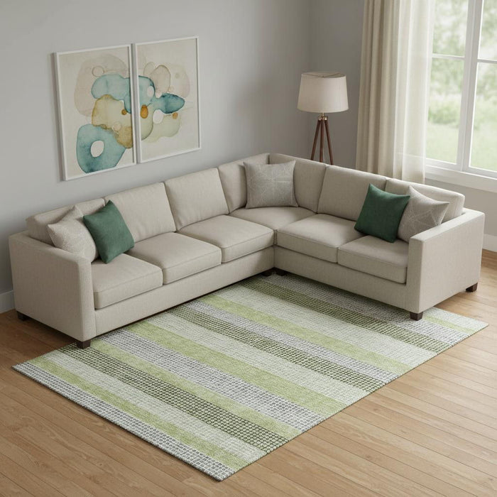 10' X 14' Striped Washable Area Rug With UV Protection (710783) - Artichoke Green / Ivory / Gray