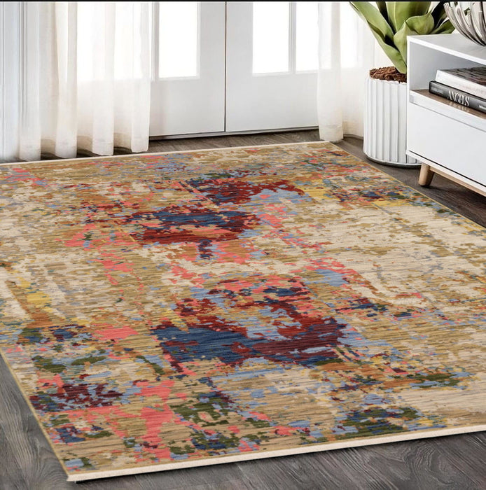 5' X 8' Abstract Area Rug With Fringe - Beige / Rust