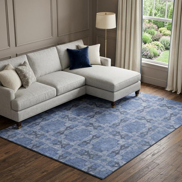 9' X 12' Floral Medallion Washable Area Rug With UV Protection (649479) - Denim Blue / Ivory