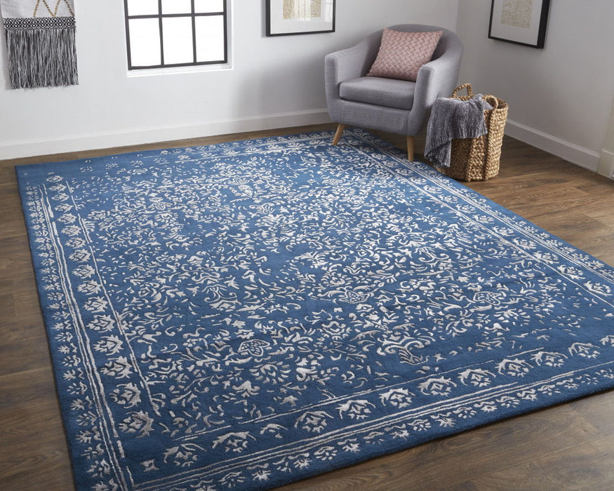 8' x 10' Wool Floral Tufted Handmade Distressed Area Rug - Blue And Silver