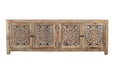 HomeRoots 86-inch carved floral distressed solid wood TV stand with enclosed storage and natural finish.