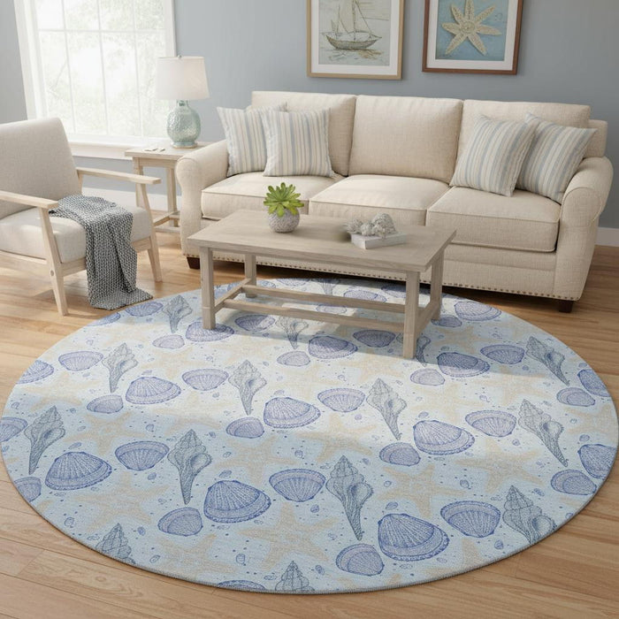 8' Geometric Washable Round Rug With UV Protection (645771) - Blue / Beige