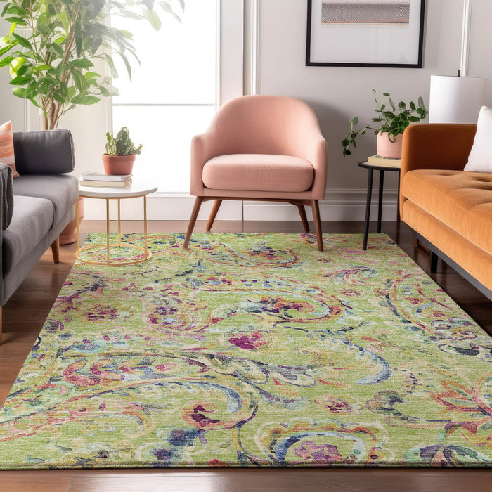 10' X 14' Paisley Washable Area Rug With UV Protection - Artichoke Green