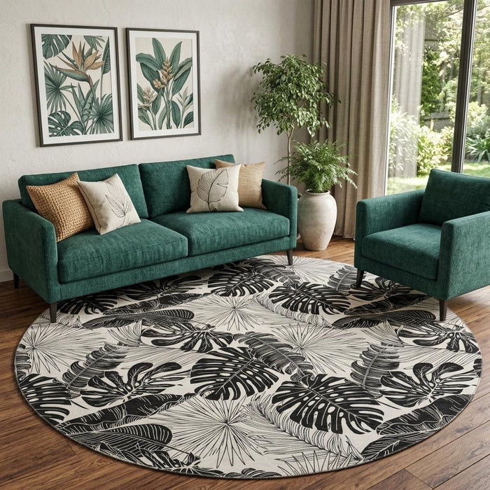 8' Geometric Washable Round Rug With UV Protection (646400) - Midnight / Ivory