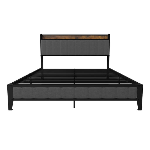 Giga storage bed with American design upholstered headboard, metal platform, and built-in charging station