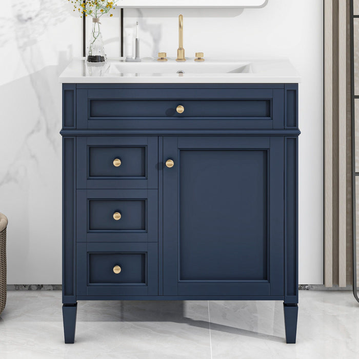 Giga bathroom vanity with top sink, storage cabinet, two drawers, and tip-out drawer, featuring a modern design and ample storage space.