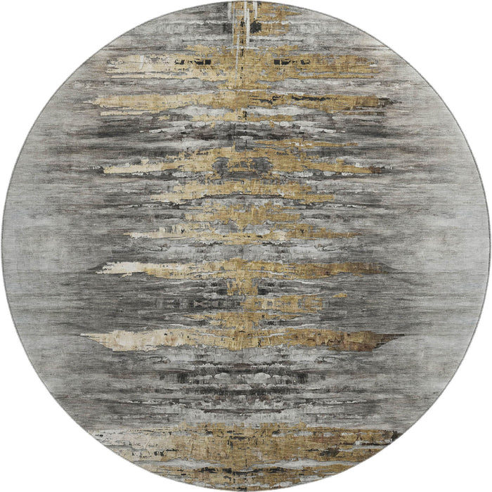 8' Abstract Washable Round Rug With UV Protection - Gray And Gold