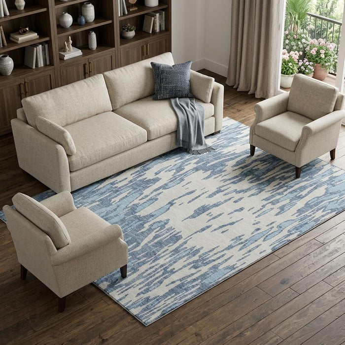 10' X 14' Abstract Washable Area Rug With UV Protection (675150) - Denim Blue / Ivory