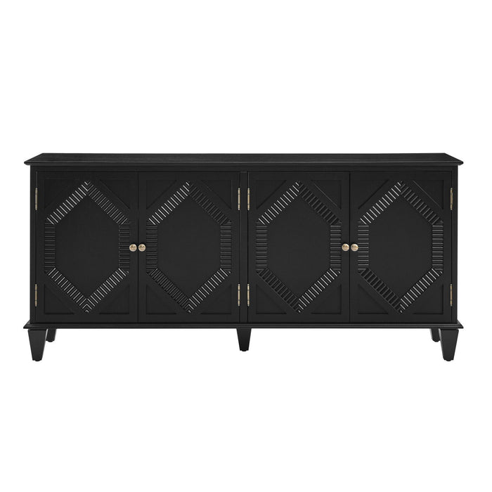 Wood Carved Geometric Accent Cabinet With Four Doors - Black