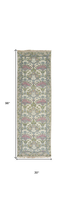 8' Wool Floral Hand Knotted Runner Rug - Ivory Gray And Pink