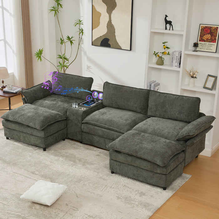 [NEW ARRIVED] [VIDEO PROVIDED]U Shaped Modular Sectional Sofa,Storage Console & Wireless Charging,2 Cup Holders,Bluetooth Speakers,2 Movable Footstools,Adjustable handrail,Movable seat,Chenille,Green