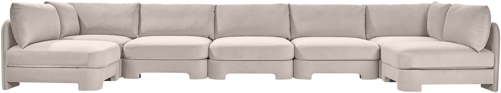 Velvet performance fabric Meridian Furniture 7-piece U-shaped armless sectional sofa in a neutral color, with plush cushions and modern design.