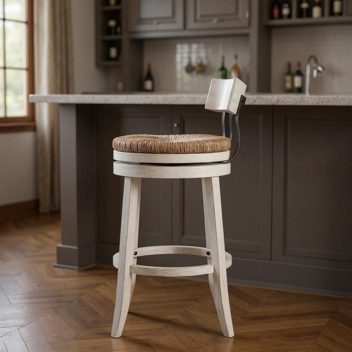 Rattan And Solid Wood Low Back Bar Height Swivel Bar Chair - Brown / White