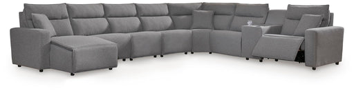 Signature Design by Ashley Modmax II 8-piece power reclining sectional with LAF press back, power chaise, and console in salt and pepper fabric.