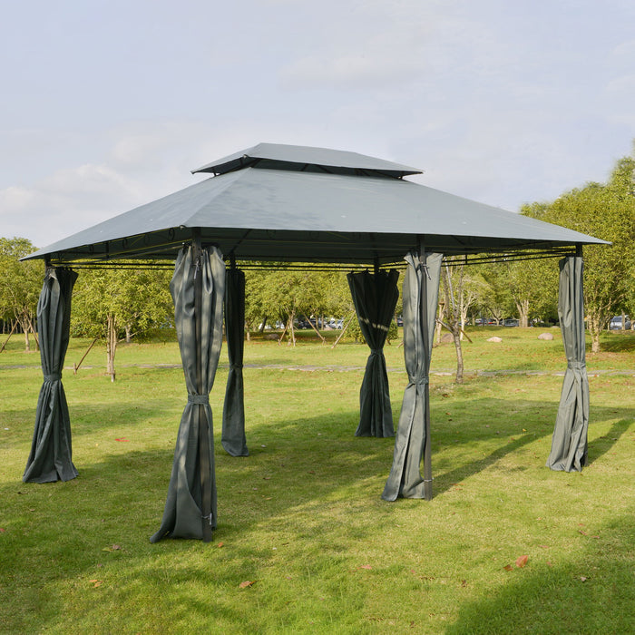 Outsunny outdoor patio gazebo with sage gray canopy, steel frame, curtains, and vented roof for garden or backyard use.