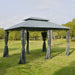 Outsunny outdoor patio gazebo with sage gray canopy, steel frame, curtains, and vented roof for garden or backyard use.