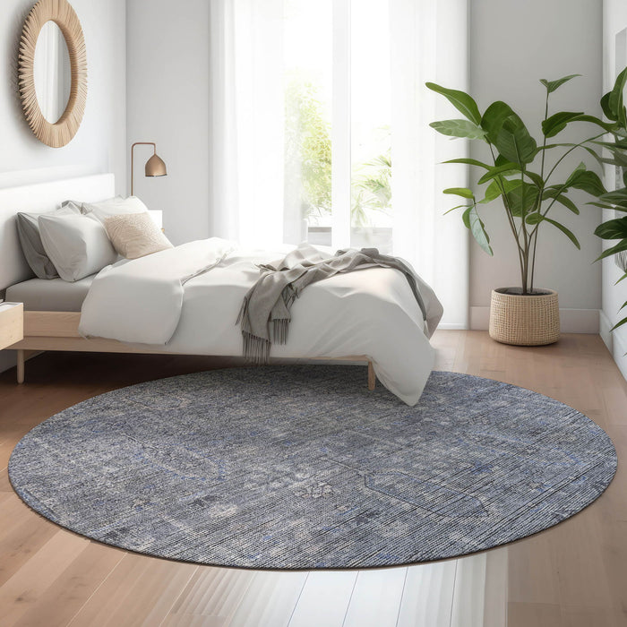 8' Southwestern Washable Round Rug With UV Protection - Blue And Gray
