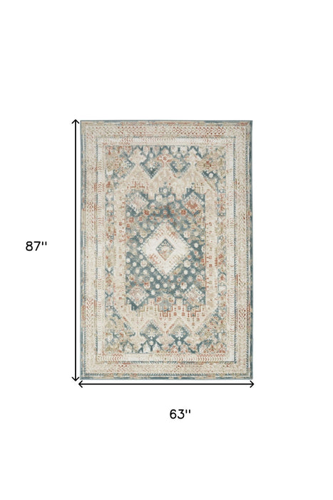 5' X 7' Oriental Non Skid Area Rug (550130) - Ivory / Green / Orange