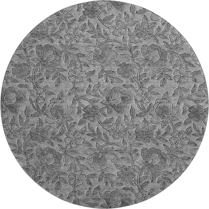 8' Floral Washable Round Rug With UV Protection - Gray And Charcoal