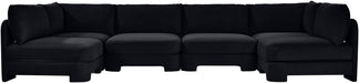 Velvet performance fabric upholstered Meridian Furniture 6-piece U-shaped armless sectional for stylish living room seating.