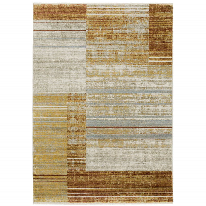 6' x 9' Geometric Power Loom Stain Resistant Area Rug With Fringe - Rust Gold Blue Gray Ivory And Tan