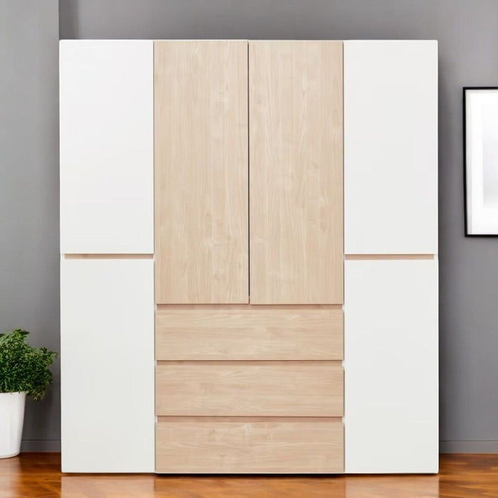 White and natural 75-inch six-door three-drawer combo dresser from HomeRoots, showcasing storage with doors and drawers in a modern wardrobe style.