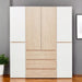 White and natural 75-inch six-door three-drawer combo dresser from HomeRoots, showcasing storage with doors and drawers in a modern wardrobe style.
