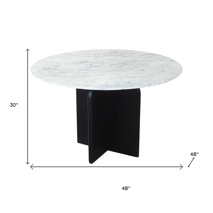 48" Marble And Solid Wood Pedestal Base Round Top Dining Table - White