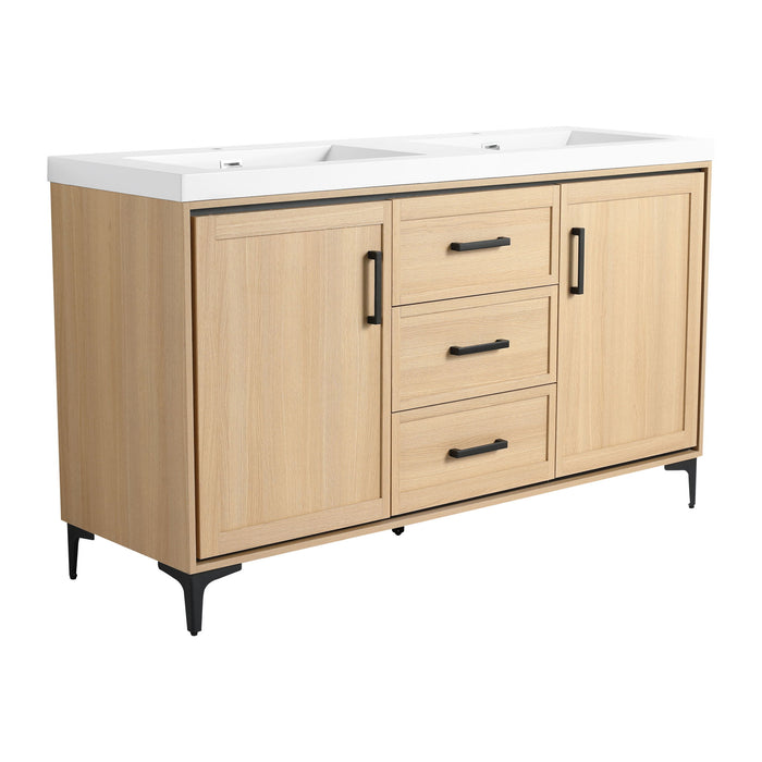 Giga 60-inch oak bathroom vanity with double resin sinks, plywood construction, soft-closing doors, and drawers.