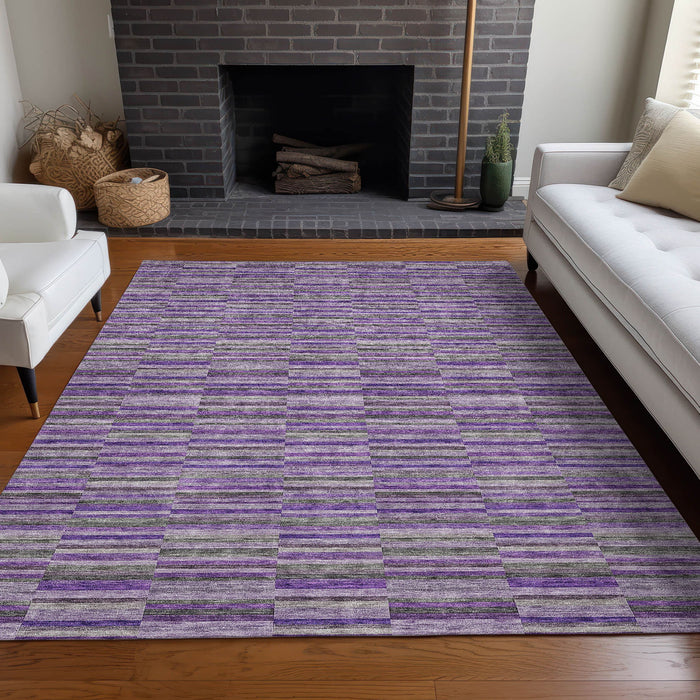 10' X 14' Striped Washable Area Rug With UV Protection - Purple / Gray