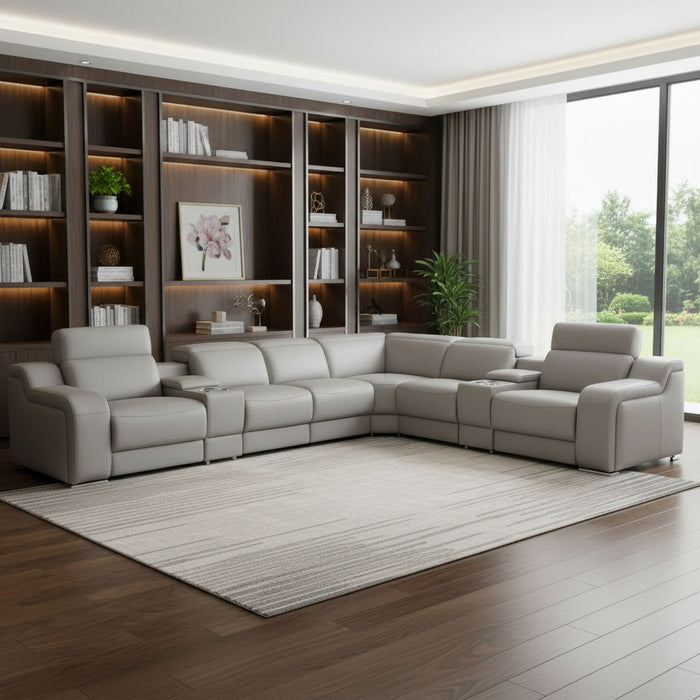 Italian Leather Power Reclining Curved 8 Piece Corner Sectional With Console - Light Gray