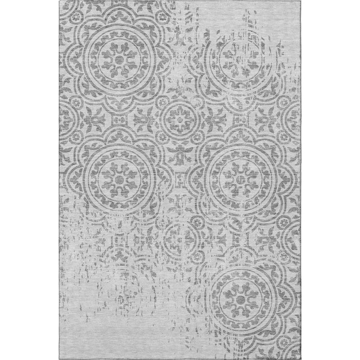 9' X 12' Medallion Washable Area Rug With UV Protection - Silver / Gray