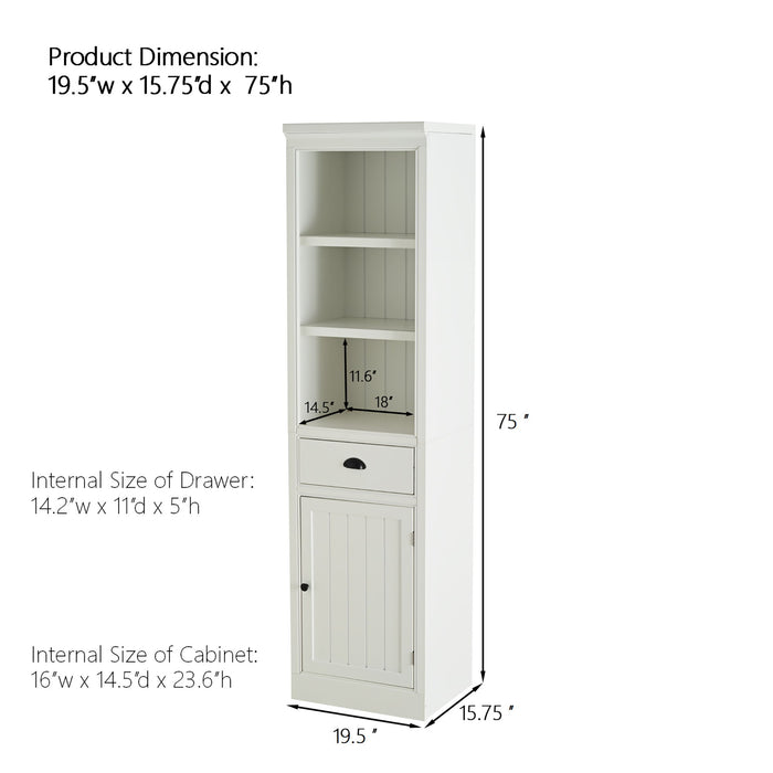 White Giga retro style 75-inch tall display shelf with cabinet, ideal for hallways, living rooms, and kitchens.