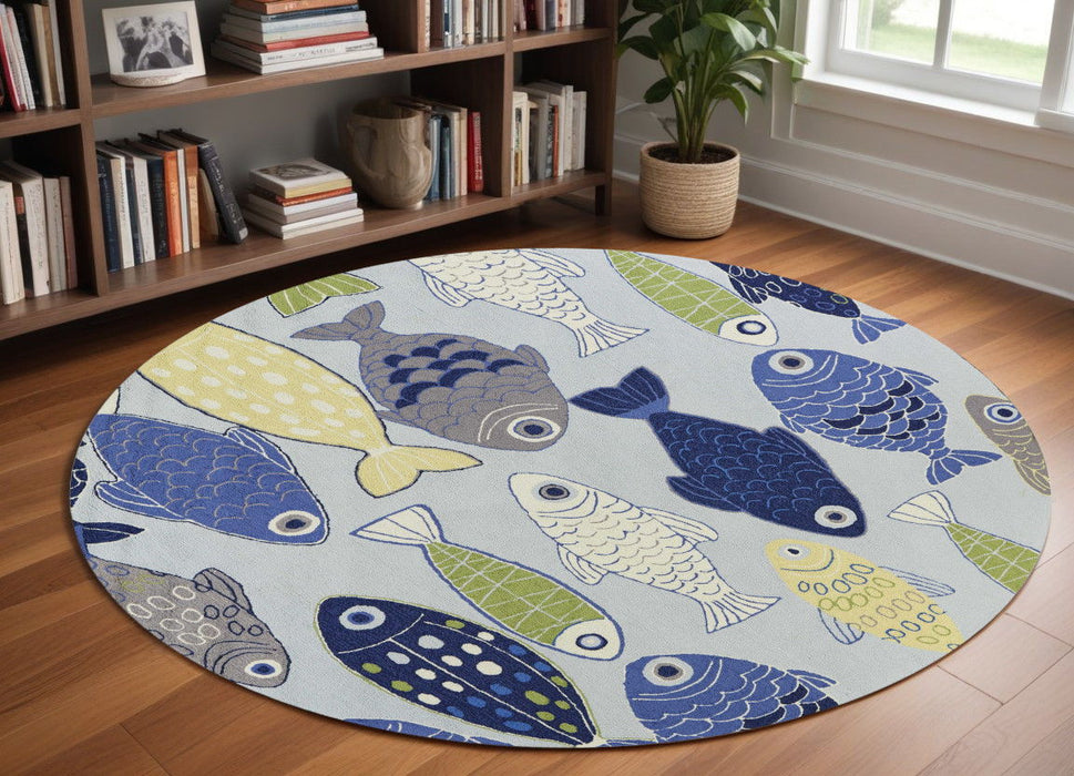 7' Round School Of Fish Indoor Area Rug - Light Blue